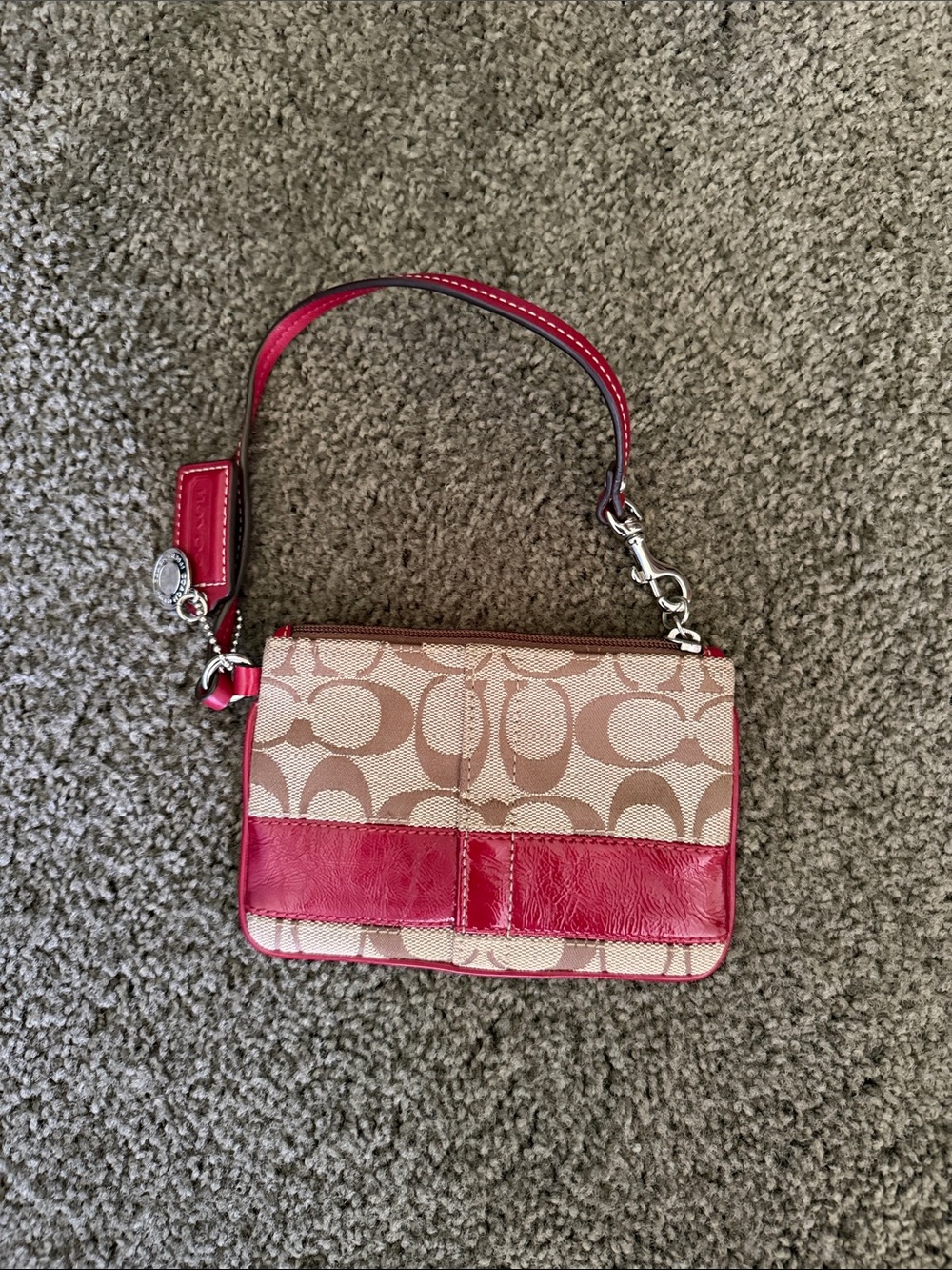 New Coach Beige Signature Canvas Wristlet with red trim